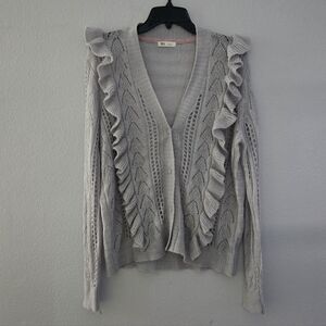 Grey Ruffle Soft Lightweight Button Cardigan Women Festive Holiday